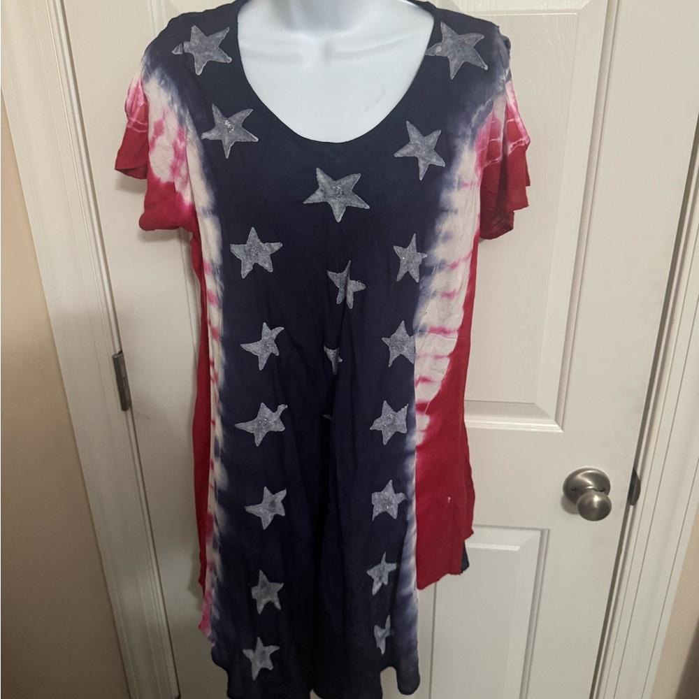 Seven Islands Womens O/S Tie Dye Cold  Shoulder Top Red White Blue USA Stars New